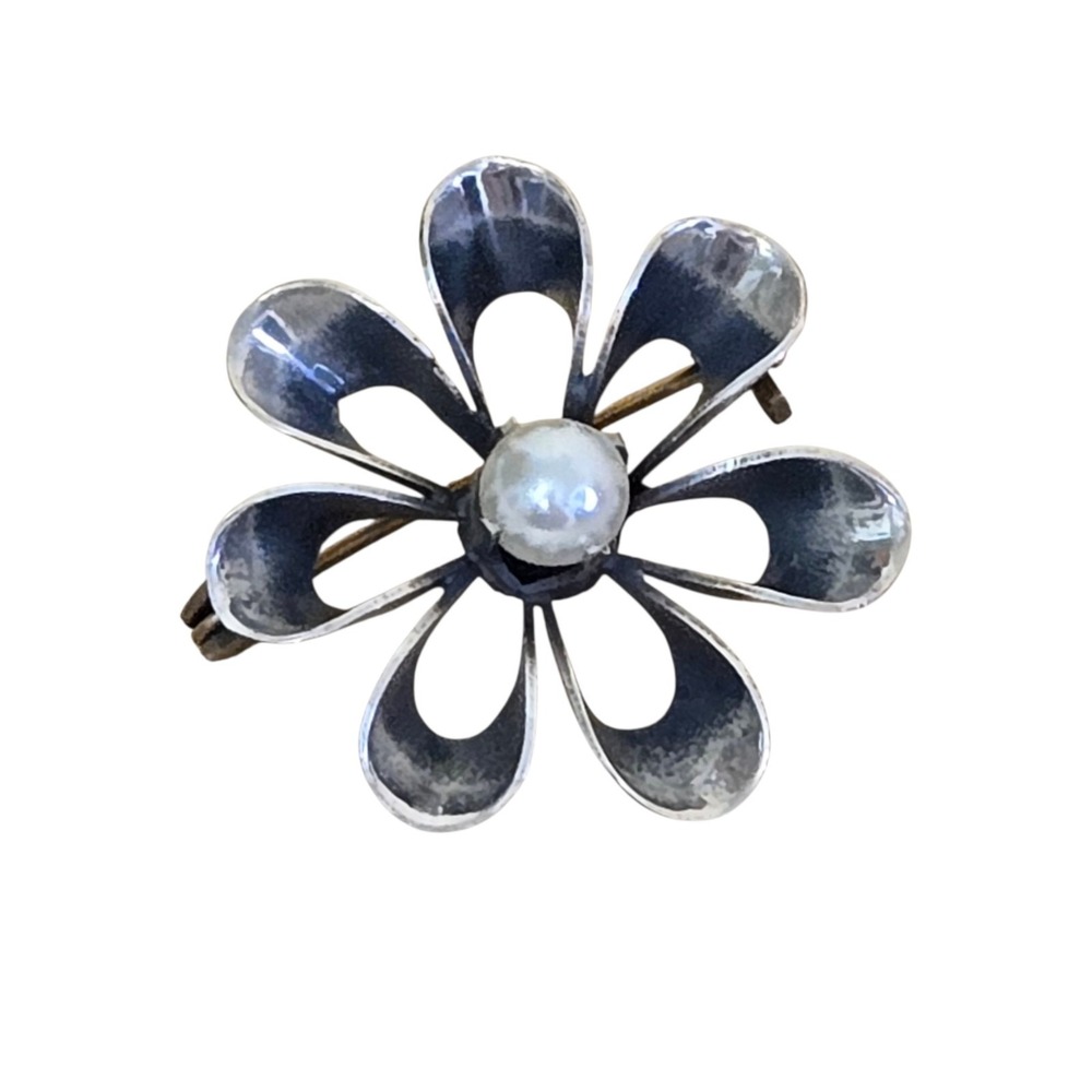 Vintage Taxco SOS Sterling Silver Ribbon Pearl Flower Brooch Pin Mexico 925